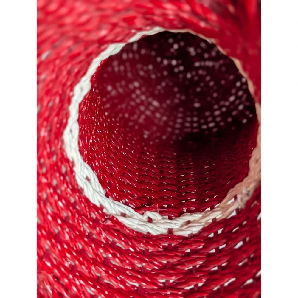 Vintage Red Wicker Basket Flower Vase Holder White Ruffled Top Bow Made in Korea